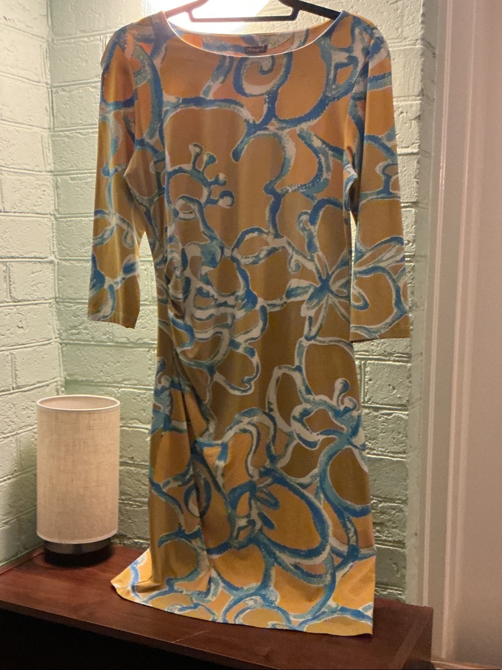 J McLaughlin Abstract Floral Long-Sleeve Shift Dress in Mustard and Blue